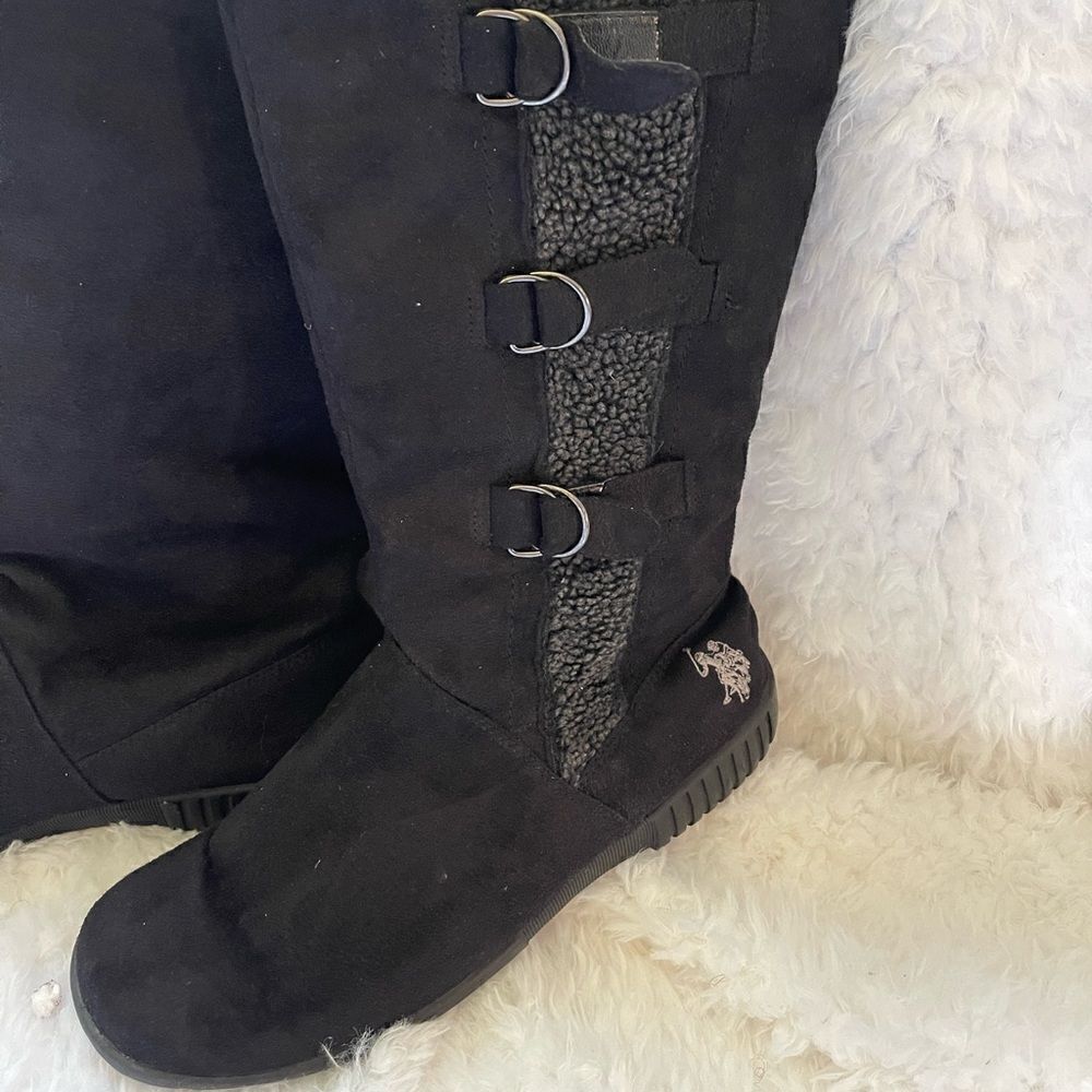US Polo Assn black faux suede mid  calf pull on boots rubber soles size 11